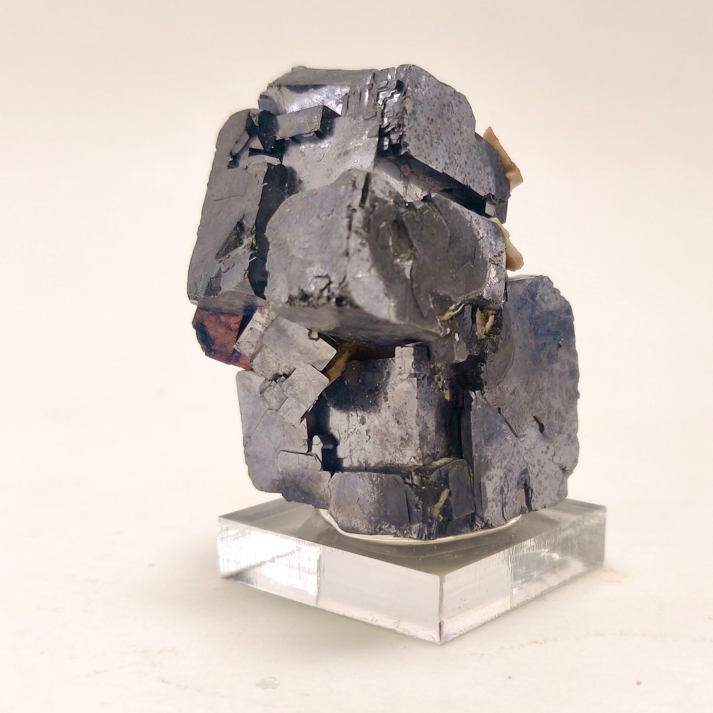 Geological sample on a clear stand against a white background
