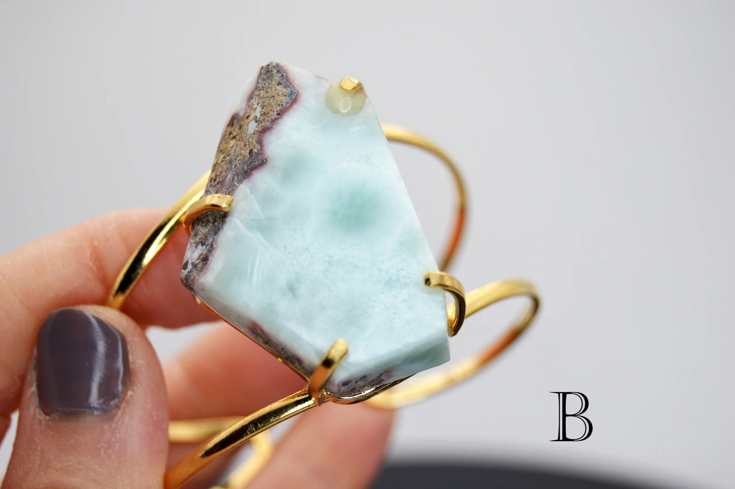 Huge Polygon Shaped Larimar Wire Cuff Adjustable Bracelet - Silver or Gold plated