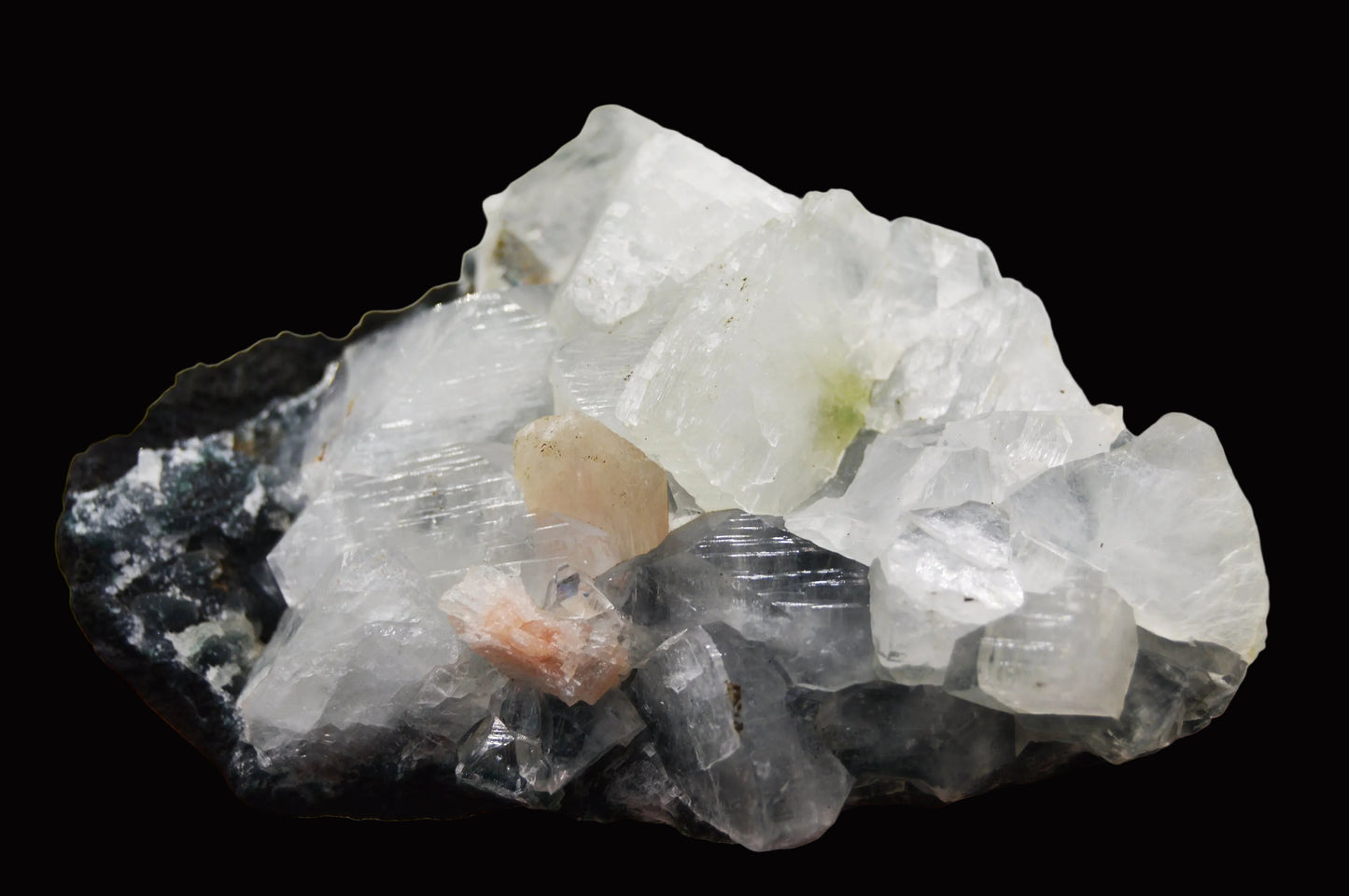 White & Green Apophyllite with Peach Stilbite on Blue Chalcedony - Maharashtra, India (255g)