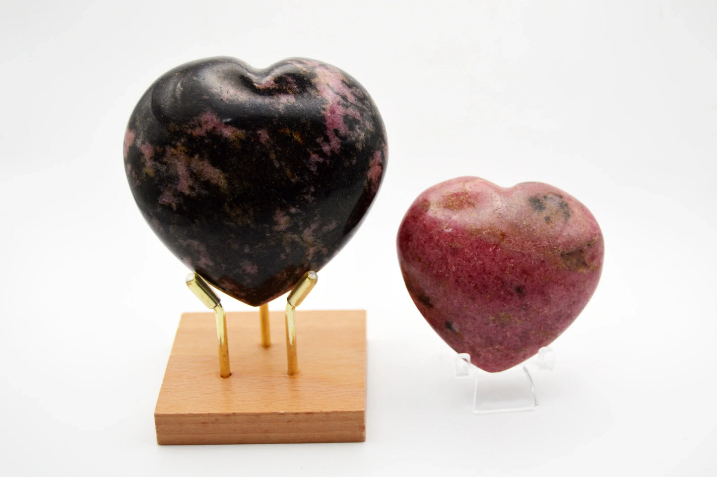 Set of 2 Rhodonite Crystal Puffy Hearts , High-Contrast Pink & Black , (580g Combined)