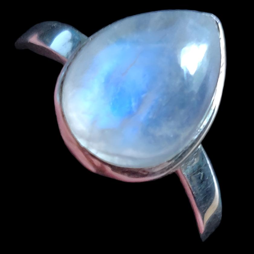High Quality Rainbow Moonstone Tear Drop Ring, Sz 6 3/4
