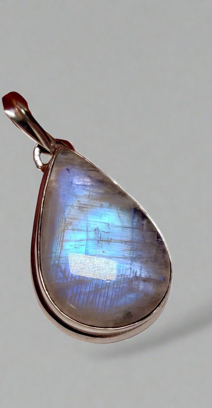Moonstone Teardrop Pendant w/ Chain, 925 Silver
