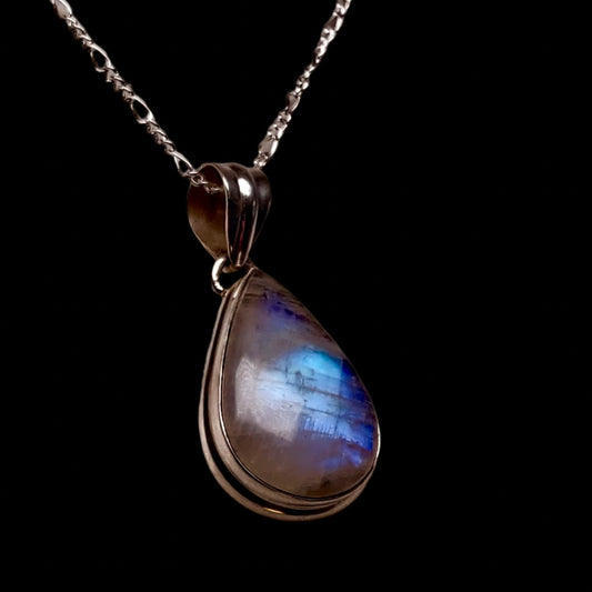 Moonstone Teardrop Pendant w/ Chain, 925 Silver