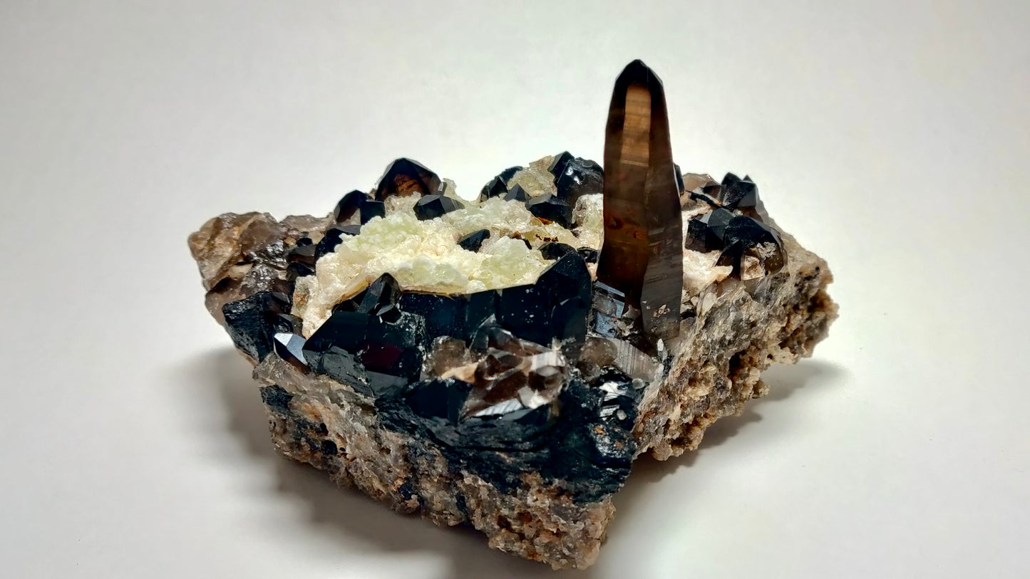 Smoky Quartz with Hyalite Opal and Schorl Black Tourmaline - Erongo Mountain, Namibia, 1.06kg (2.3lbs)