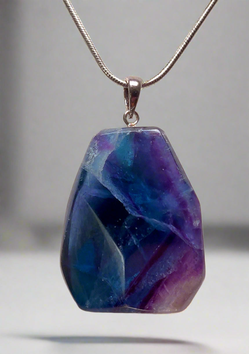Benz Formation Polished Fluorite Pendant with 18" Silver Plated Chain