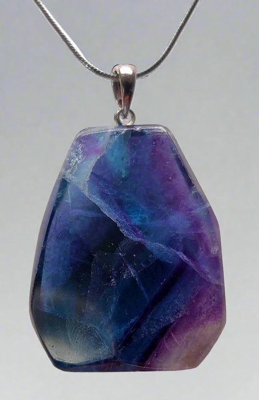 Benz Formation Polished Fluorite Pendant with 18" Silver Plated Chain