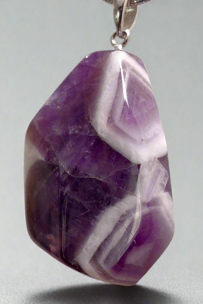 Chevron Amethyst Necklace - "Dream Amethyst" V-Banding - 18" Silver Plated Chain