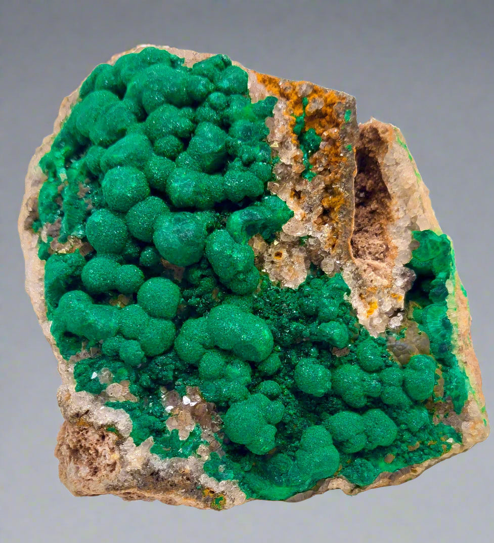 Mineral sample with green crystal formations on a white background