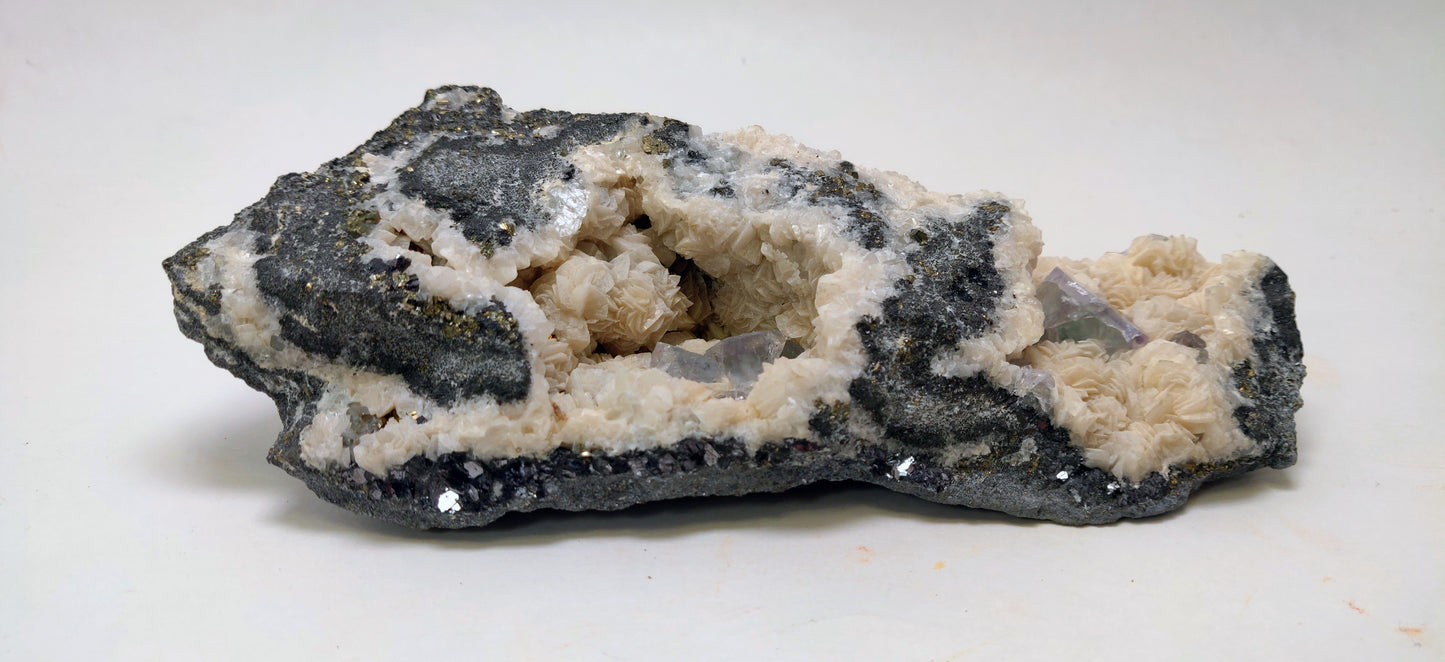 Mineral specimen with black and white colors on a white background