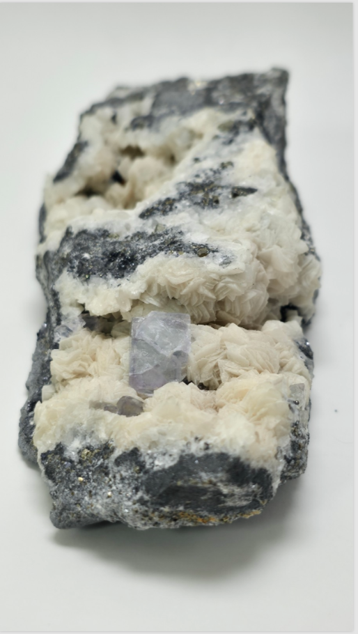 Rock with white and gray mineral deposits on a white background