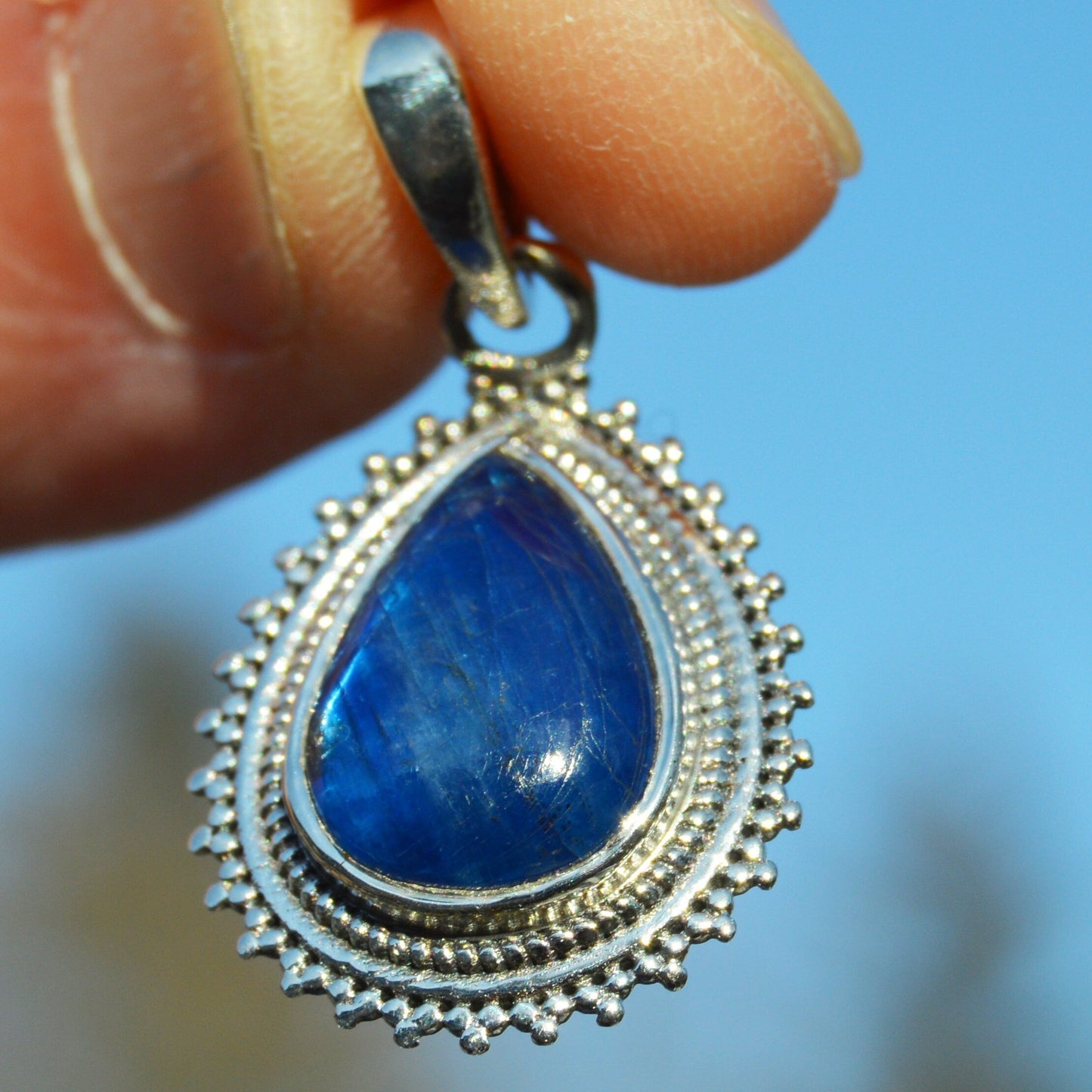 Teardrop Blue Kyanite 925 Silver Pendant with 18" Snake Chain Necklace
