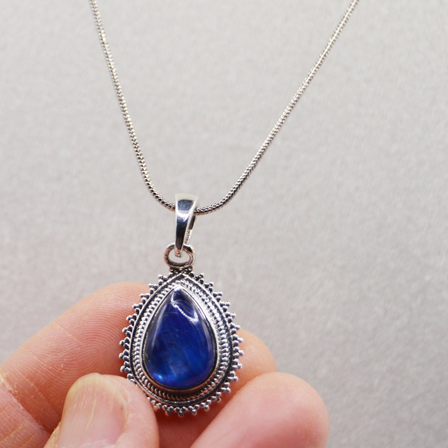 Teardrop Blue Kyanite 925 Silver Pendant with 18" Snake Chain Necklace