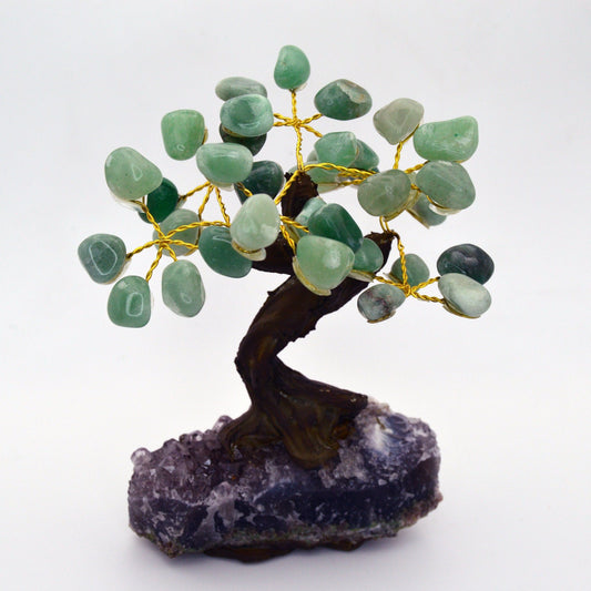 Handmade Green Quartz Gemstone Tree on Amethyst Geode Base