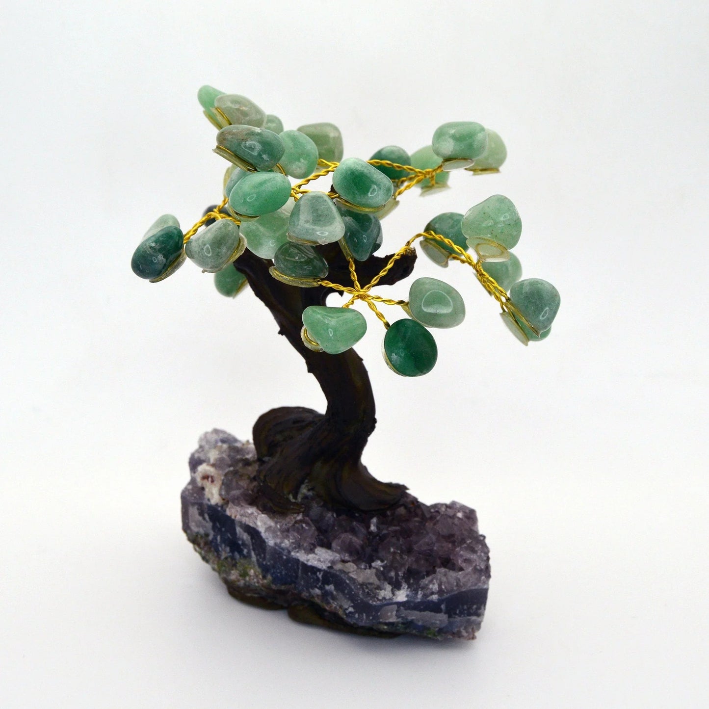 Handmade Green Quartz Gemstone Tree on Raw Amethyst Geode Base — Brazil