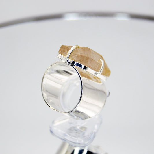 Golden Rutile Citrine Adjustable Wide Silver Band Statement Ring