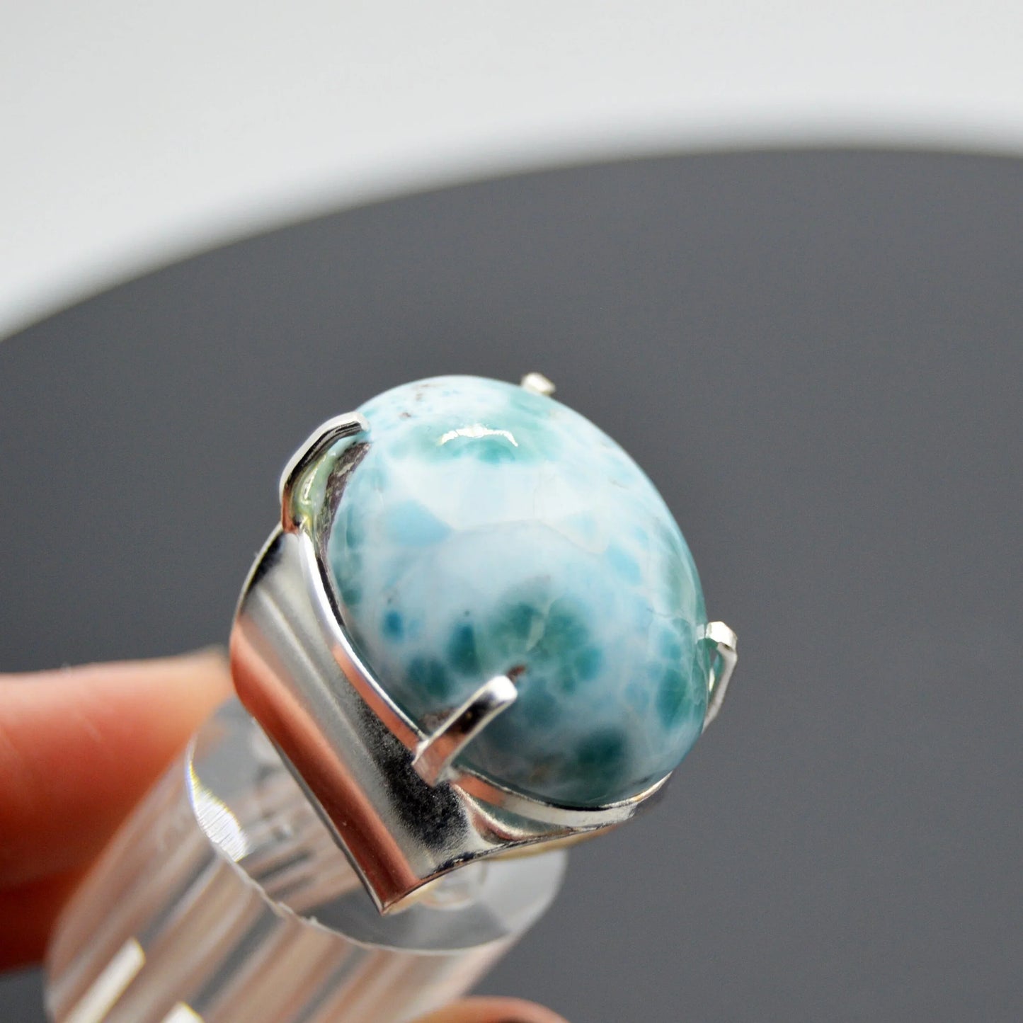 Oval Larimar Silver Wide Band Adjustable Ring