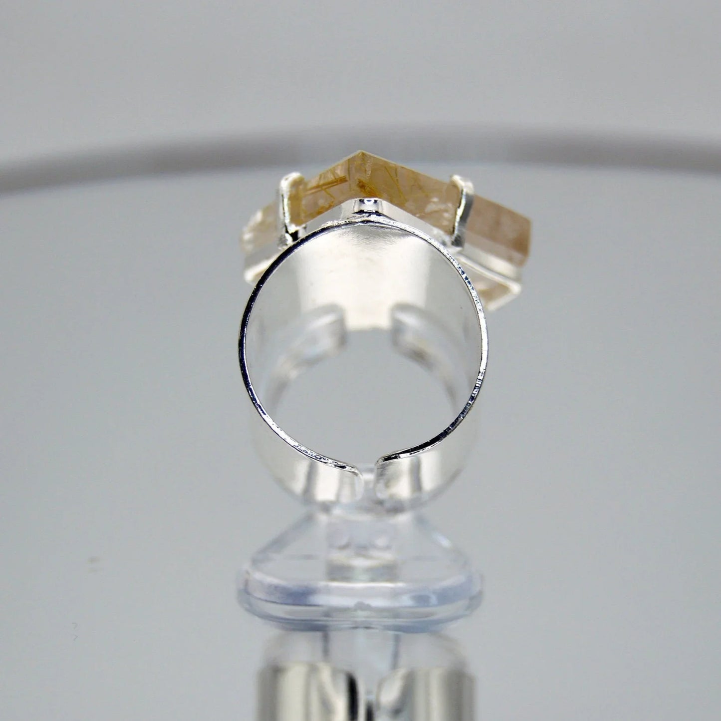 Golden Rutilated Quartz & Citrine Ring - Silver Wide Band - Adjustable Statement Jewelry