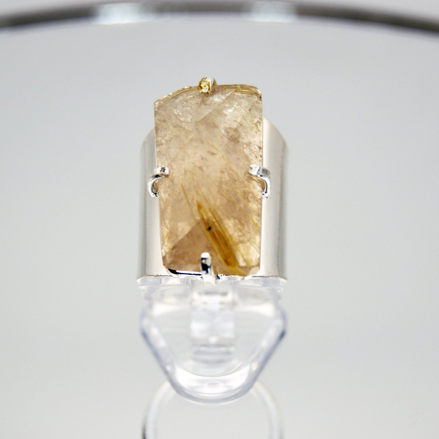 Golden Rutile Citrine Adjustable Wide Silver Band Statement Ring