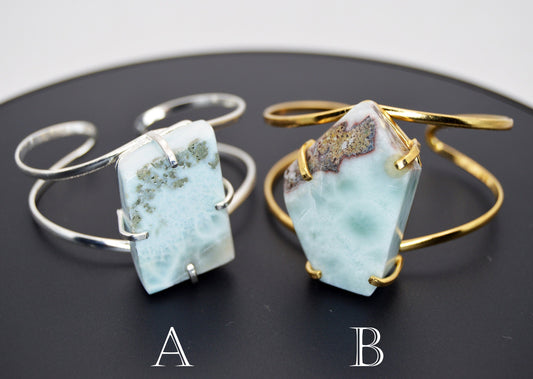 Huge Polygon Shaped Larimar Wire Cuff Adjustable Bracelet - Silver or Gold plated