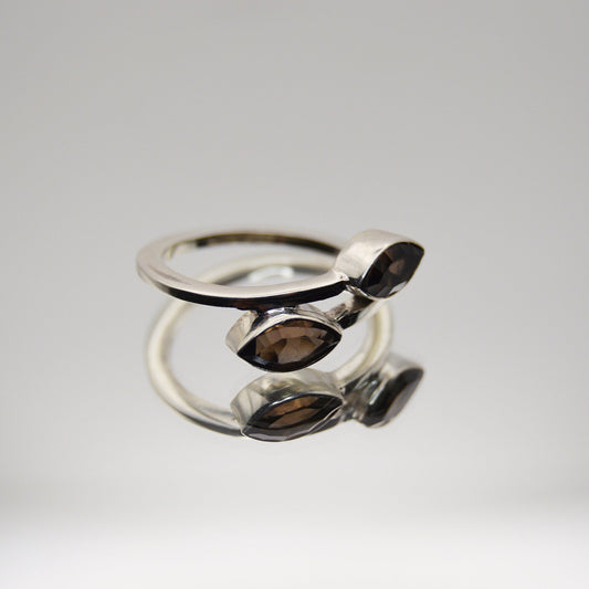 Faceted Smoky Quartz Leaf Ring, Sz 6, 925 silver