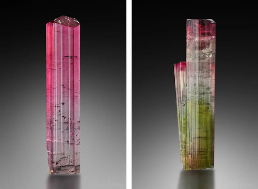 Two colorful tourmaline crystals from Cruzeiro Mine Brazil with pink and green hues against gray background