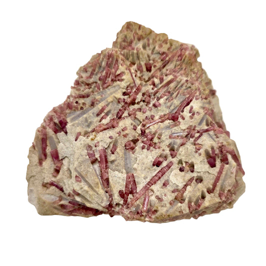 Mineral sample with pink crystal-like inclusions on a beige background