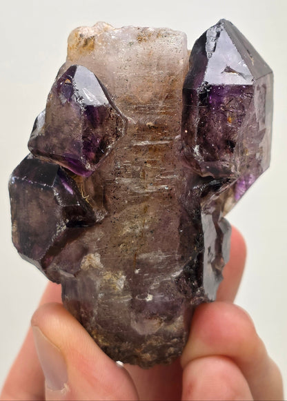Hand holding a large amethyst crystal with a white background