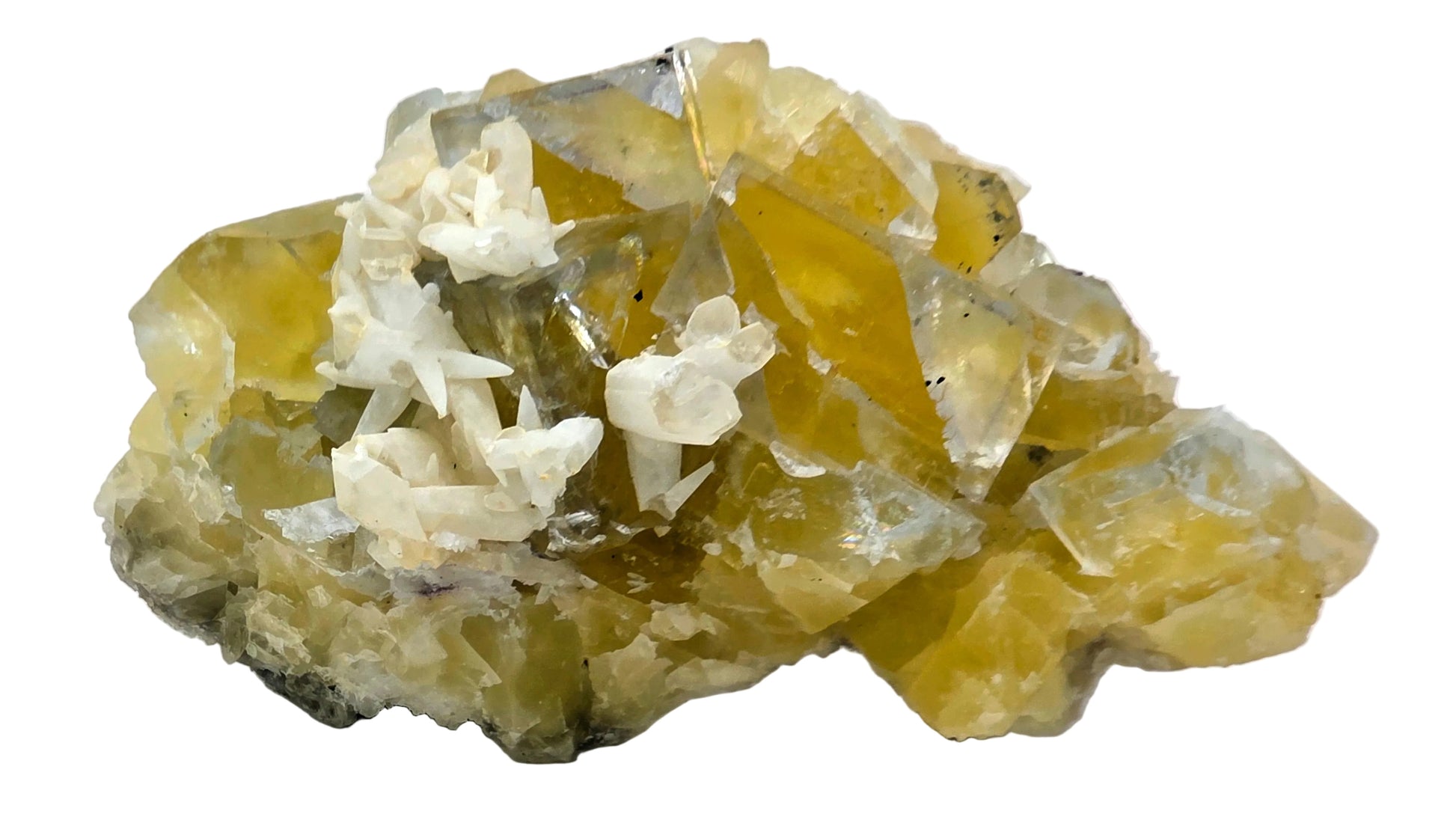 Mineral sample with yellow and white crystals on a white background