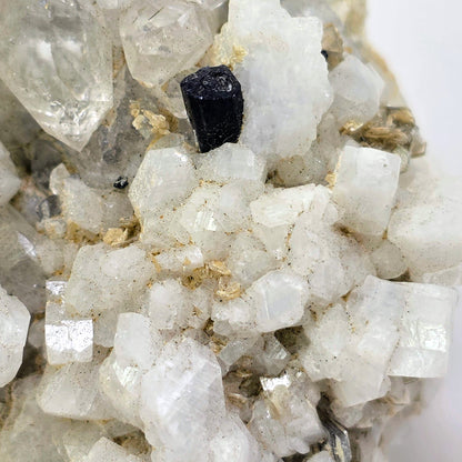Close-up of crystal formations with a black mineral speck on a white background