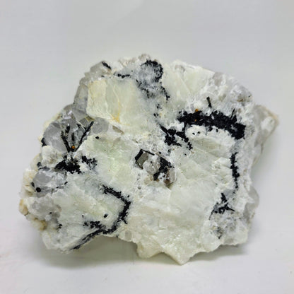 Mineral sample with white and black patterns on a light gray background