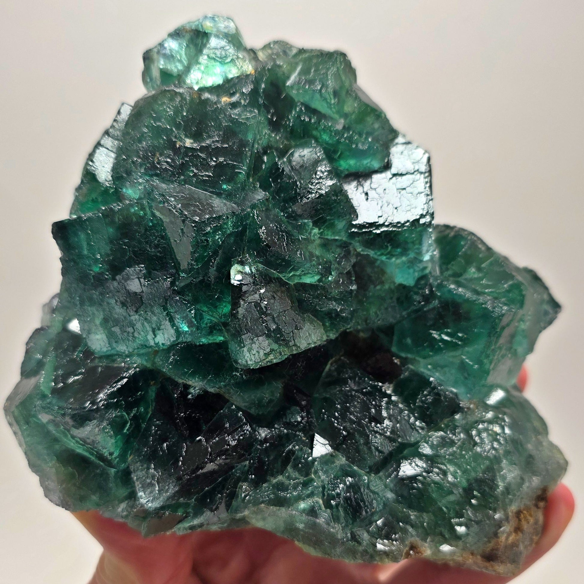 Hand holding a green crystal cluster against a plain background