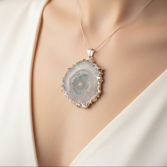 Geode pendant on a light gray background