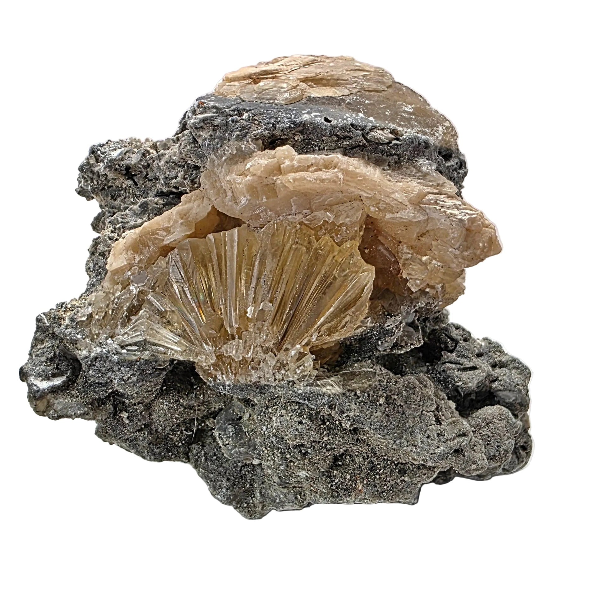 Mineral specimen with a central crystal on a gray background