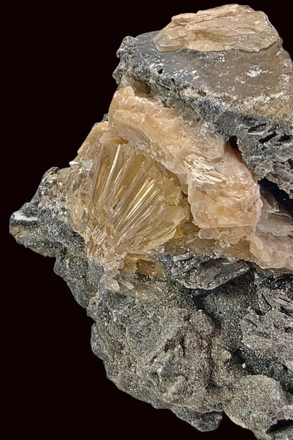 Mineral specimen with prominent crystal formation on a gray background