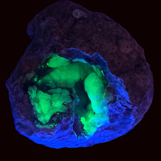 "Christmas" Hyalite Opal Geode | Rare Bi-Color Fluorescence | 594g | Las Trancas, Mexico