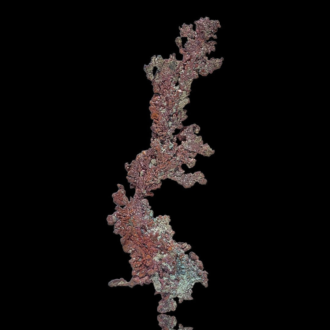 A single irregular, branching coral-like or mineral-like specimen shown upright against a solid black background. The object has a mottled mix of dusty rose, mauve, coppery brown, and pale minty gray tones.