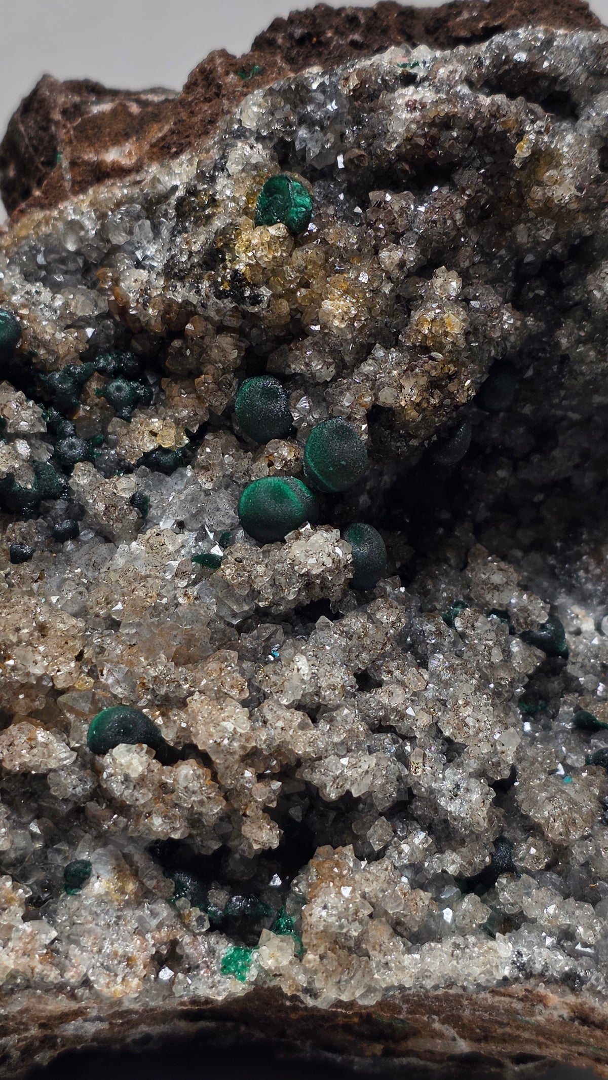 Rare Ball Malachite Spheres on Sparkly Druzy Quartz | Mindingi Mine, DR Congo | 6" / 800g