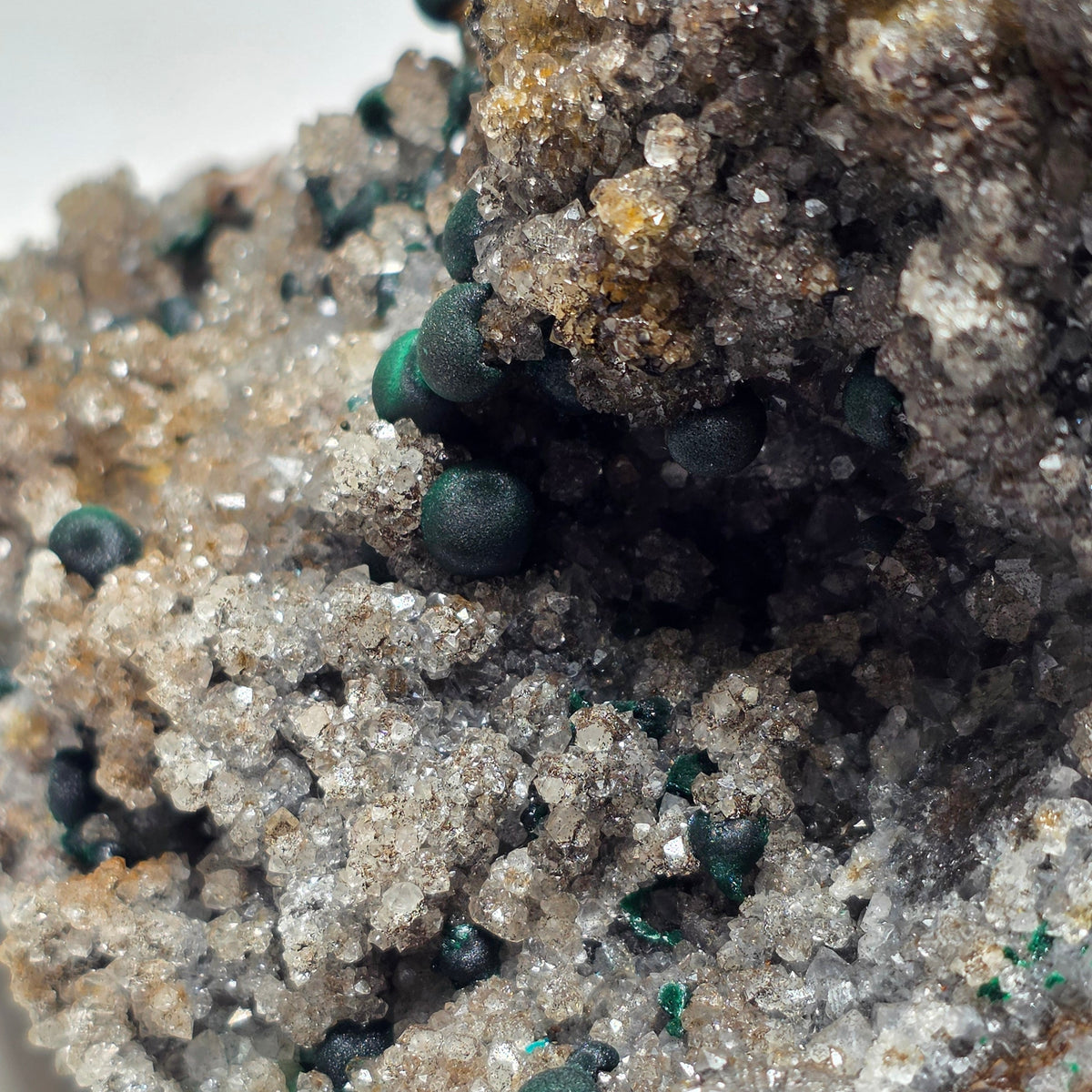 Rare Ball Malachite Spheres on Sparkly Druzy Quartz | Mindingi Mine, DR Congo | 6" / 800g