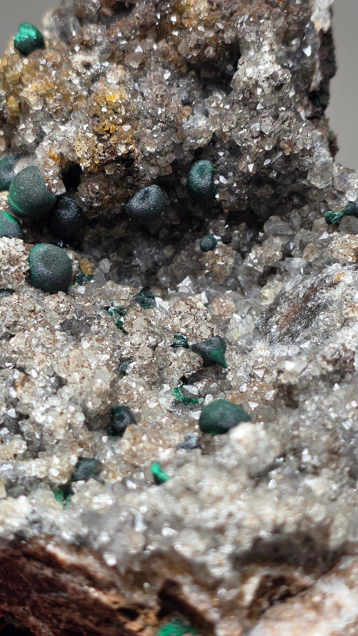 Rare Ball Malachite Spheres on Sparkly Druzy Quartz | Mindingi Mine, DR Congo | 6" / 800g