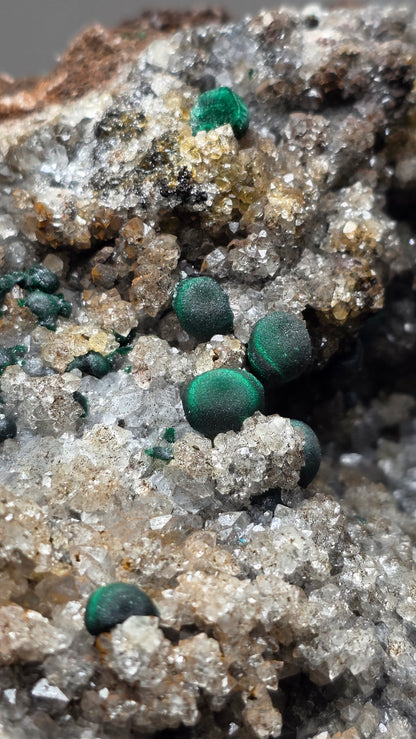 Rare Ball Malachite Spheres on Sparkly Druzy Quartz | Mindingi Mine, DR Congo | 6" / 800g