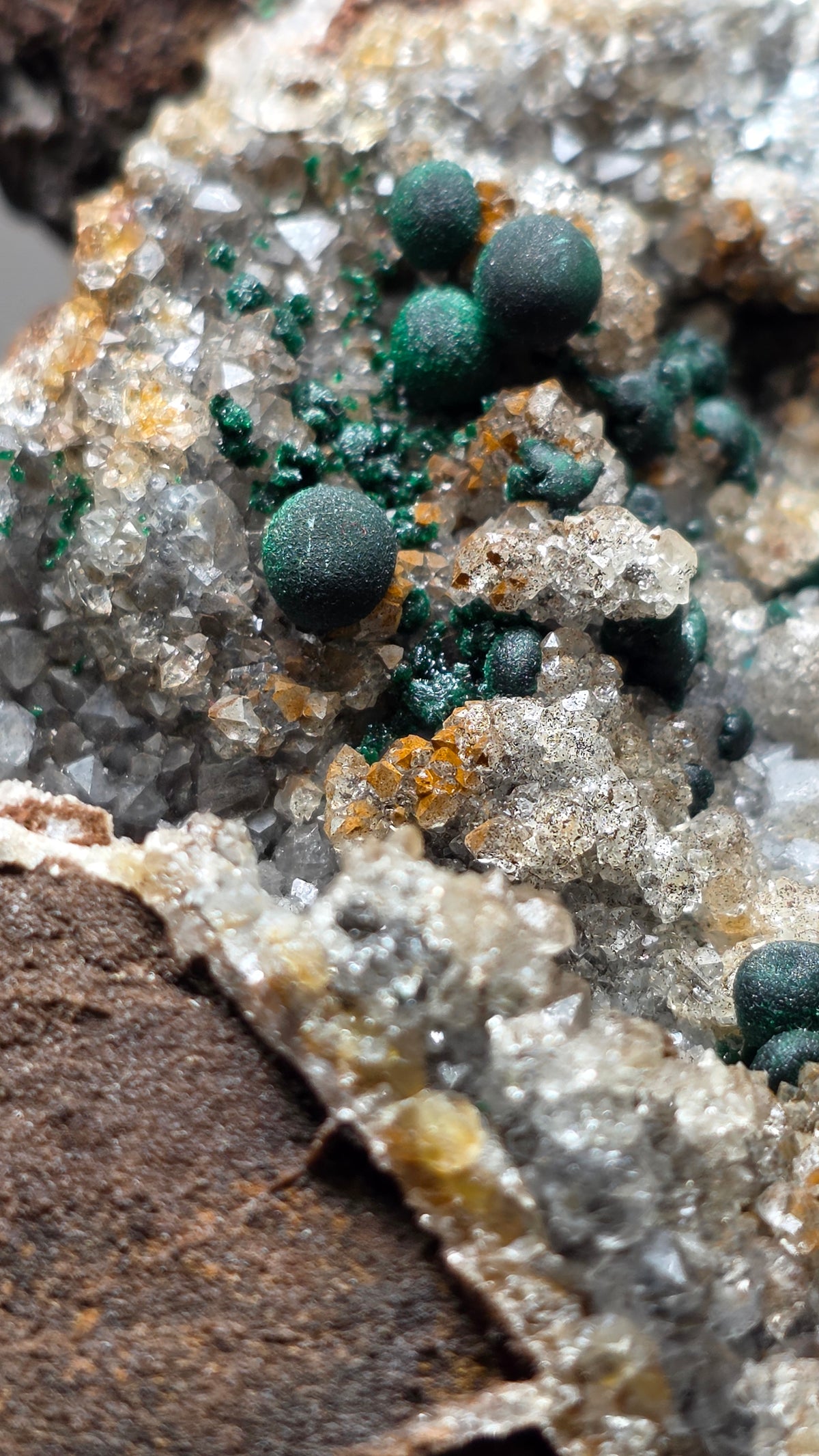 Rare Ball Malachite Spheres on Sparkly Druzy Quartz | Mindingi Mine, DR Congo | 6" / 800g