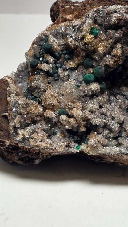 Rare Ball Malachite Spheres on Sparkly Druzy Quartz | Mindingi Mine, DR Congo | 6" / 800g