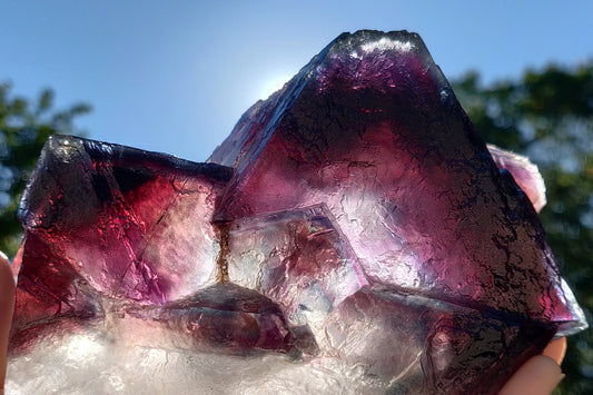 Person holding a large, purple crystal with a blue sky and trees in the background