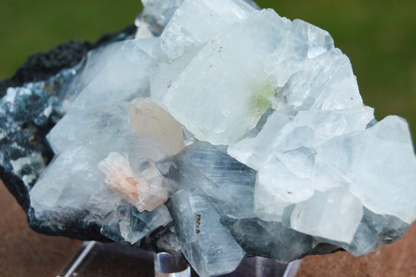 White and Green Apophyllite with Peach Stilbite on Blue Chalcedony Matrix