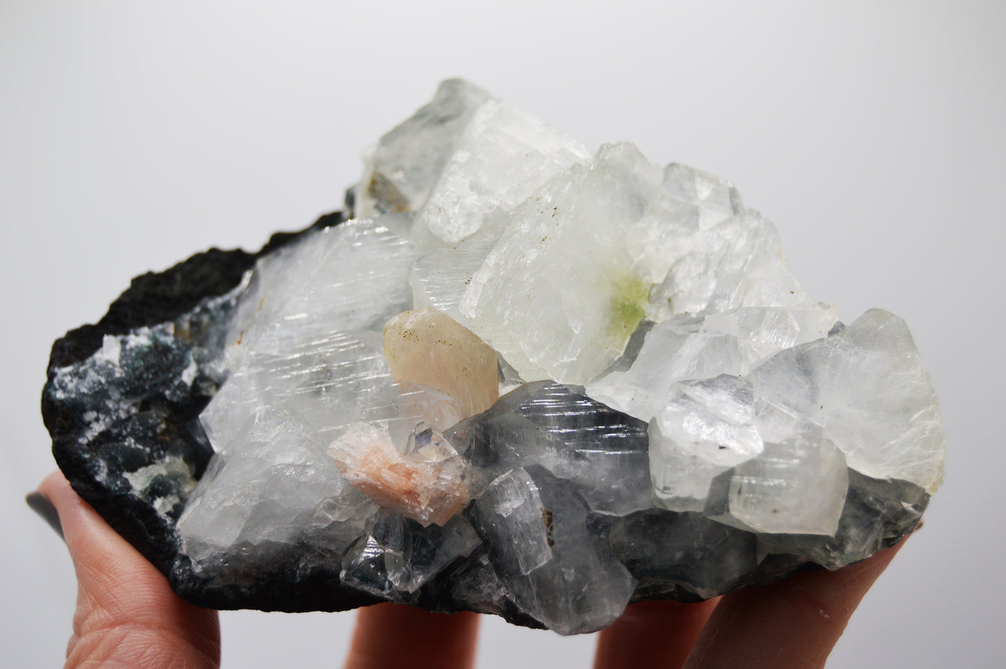 White and Green Apophyllite with Peach Stilbite on Blue Chalcedony Matrix