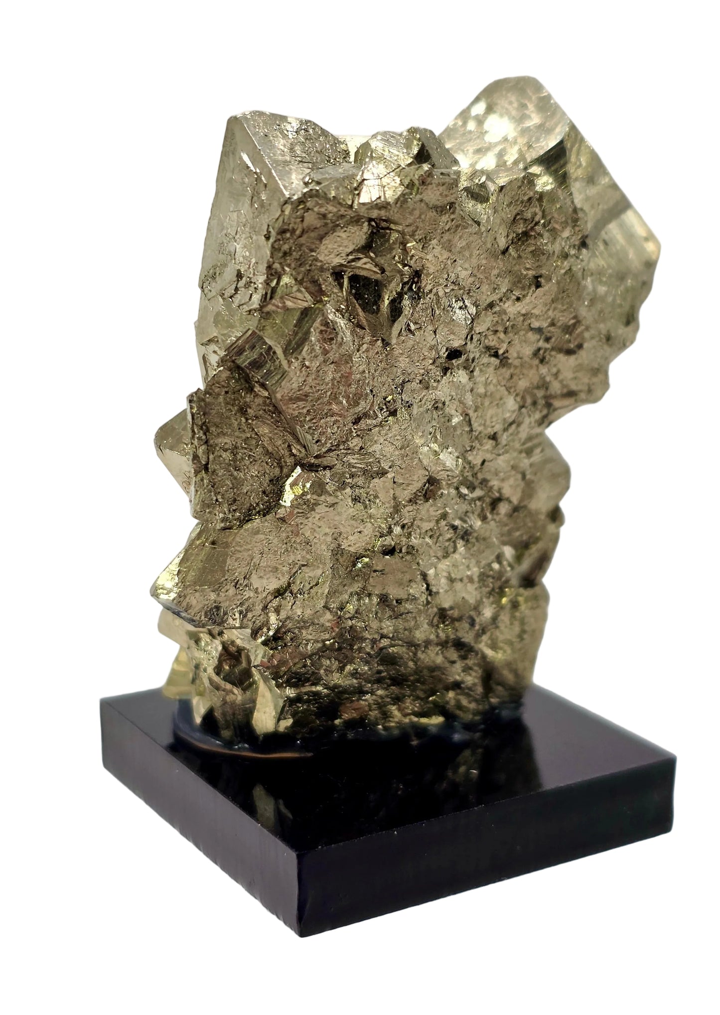 Pyrite crystal on a black base against a white background