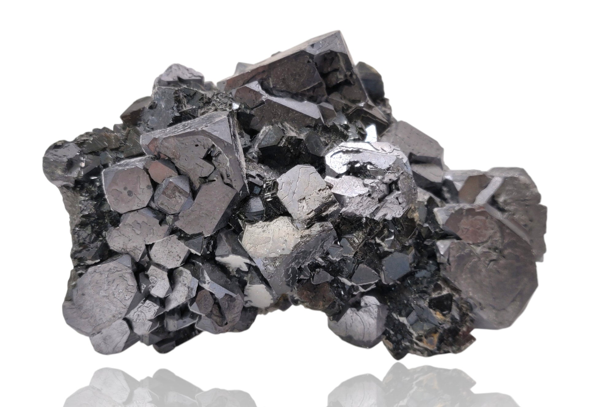 Close-up of metallic Galena crystal cluster with jet-black octahedral Sphalerite and golden Chalcopyrite from the Madan Ore Field, Bulgaria.