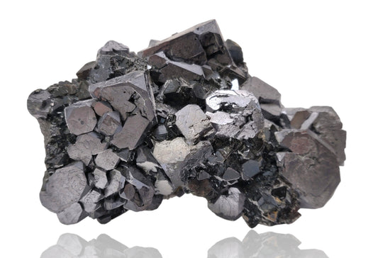 Close-up of metallic Galena crystal cluster with jet-black octahedral Sphalerite and golden Chalcopyrite from the Madan Ore Field, Bulgaria.