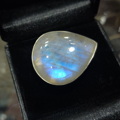 High Quality Rainbow Moonstone Teardrop Ring, 925 Sterling Silver, Sz 12