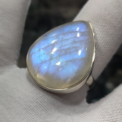 High Quality Rainbow Moonstone Teardrop Ring, 925 Sterling Silver, Sz 12